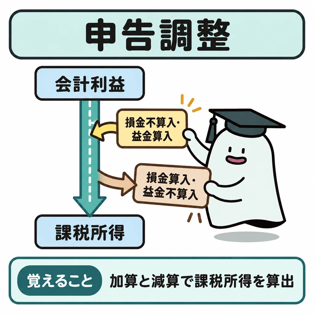 申告調整と役員給与の要件の図解。上に「会計利益」、下に「課税所得」を置き、中央の縦の計算路でつなぐ。計算路の右上から「損金不算入・益金算入」を加える矢印、右下へ「損金算入・益金不算入」を取り除く矢印を描く。
