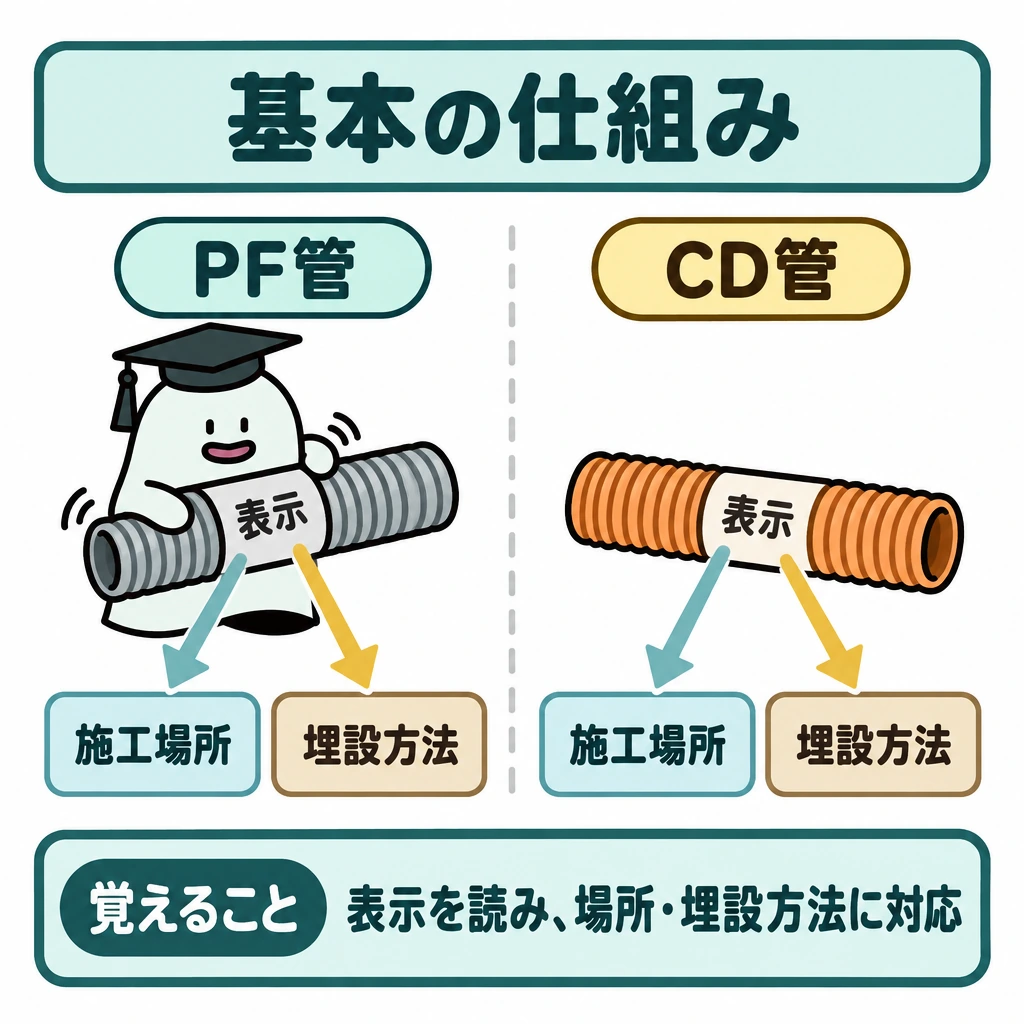 基本の仕組みの図解。中央の仕切りを挟んで左にPF管、右にCD管を並べる。各管の表示から下部の「施工場所」「埋設方法」へ照合する矢印を引き、具体的な使用可否は示さない。