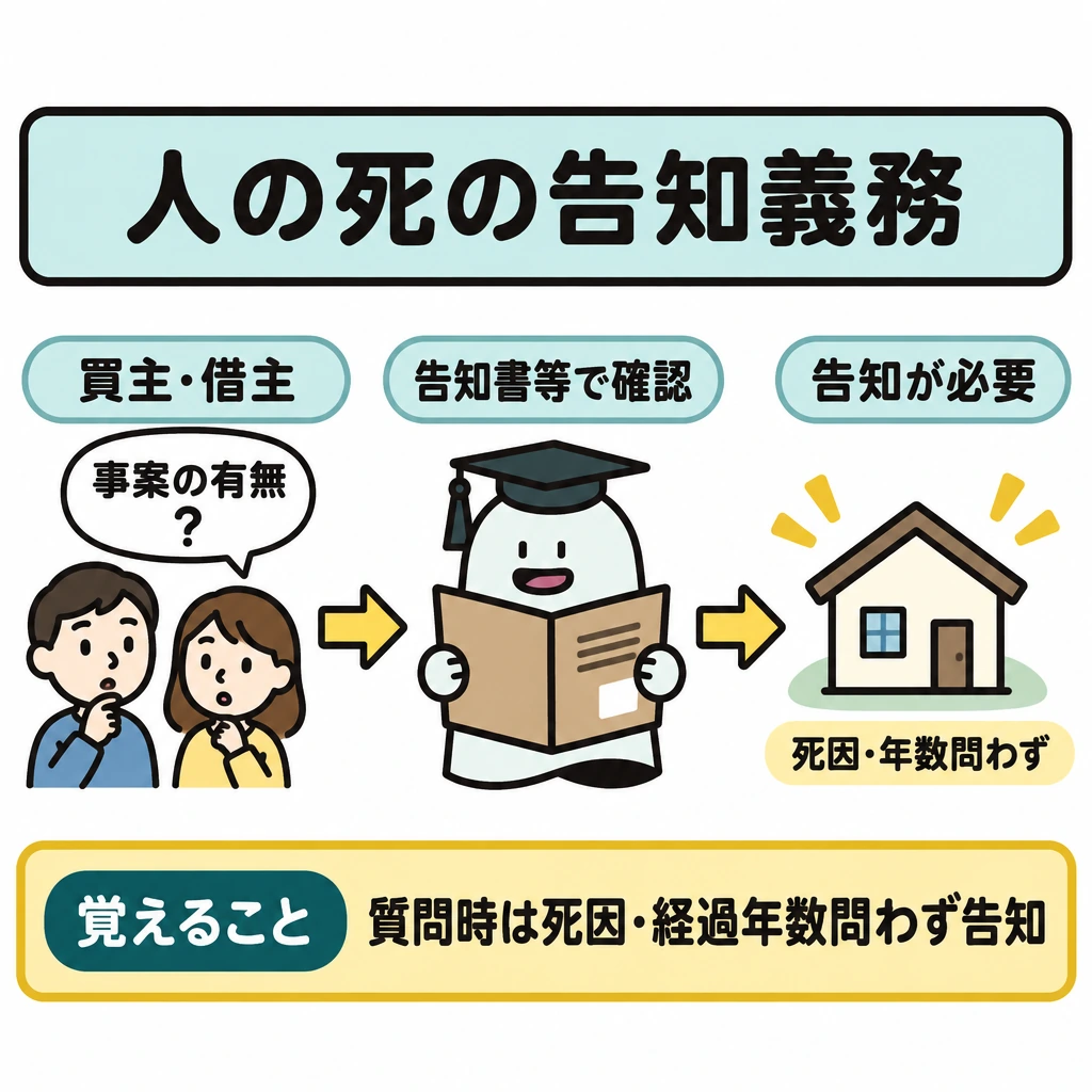 関連する告知義務:物件内での人の死の図解。左に買主・借主からの「事案の有無」の質問、中央に確認、右に「告知が必要」を配置し、左から右へ矢印でつなぐ。下に「死因・経過年数を問わず」を添える。