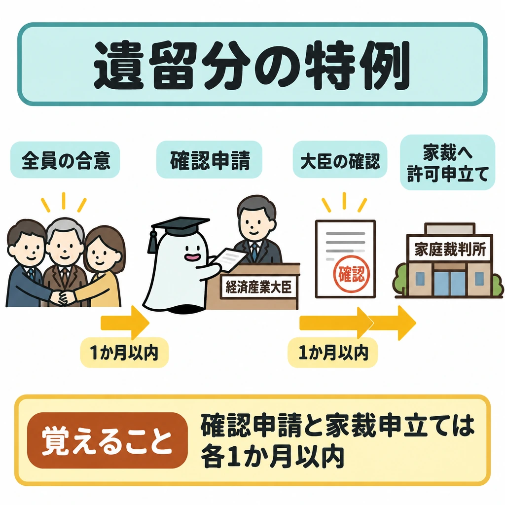 遺留分の民法特例の図解。上から「後継者と先代経営者の推定相続人全員の合意」→「経済産業大臣への確認申請」→「大臣の確認」→「家庭裁判所への許可申立て」を一本の矢印でつなぐ。合意から確認申請まで、確認から許可申立てまでの各区間に「1か月以内」と添える。