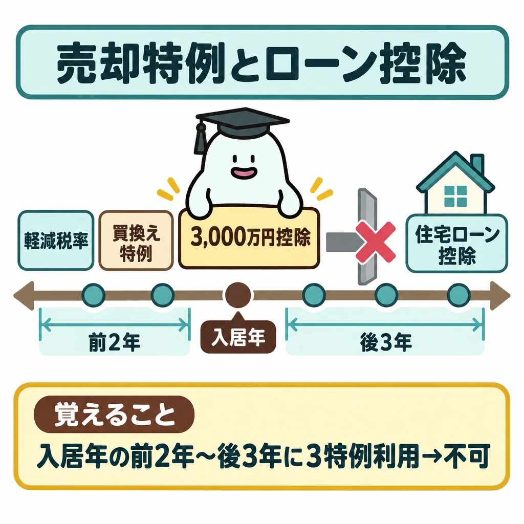 譲渡所得と住宅ローン控除の図解。中央に入居年を置き、左へ前2年、右へ後3年の時間軸を描く。その範囲内で3つの売却特例のいずれかを使うと、矢印の先にある住宅ローン控除へ進めないことを仕切りで示す。