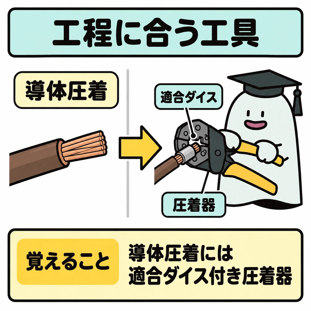 施工工程に合う工具の図解。左に「導体圧着」の工程欄、中央に縦仕切りを置き、右向き矢印で右側の圧着器へつなぐ。圧着器のダイス部分には引き出し線を付け、「適合ダイス」と示す。