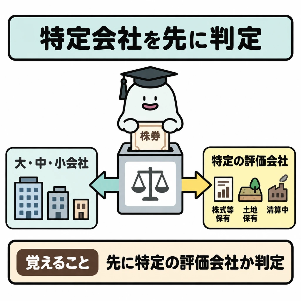 特殊な会社と計算の入口の図解。中央に判定ゲートを置き、エルくんが上から入れた株券を左右の矢印で振り分ける。該当する場合は右の「特定の評価会社」へ、該当しない場合は左の「大・中・小会社」へ進み、右側に特定会社の例を小さく並べる。