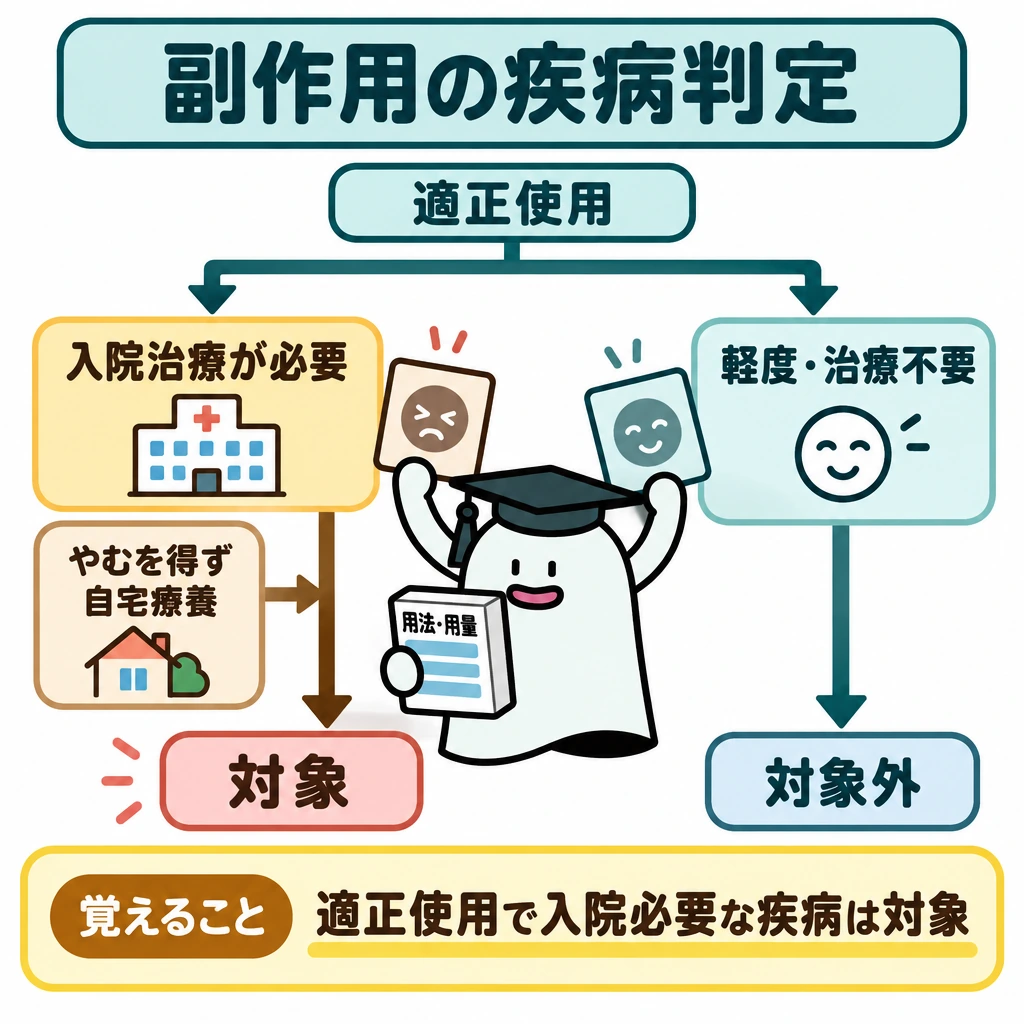対象と対象外を判定するの図解。画面上部の「適正使用」から下へ矢印を伸ばし、中央で左右に分岐させる。左は入院治療が必要な疾病から「対象」へ進み、やむを得ず自宅療養した場合もその矢印に合流させる。右は医療機関での治療を要さず寛解した軽度の疾病から「対象外」へ進める。