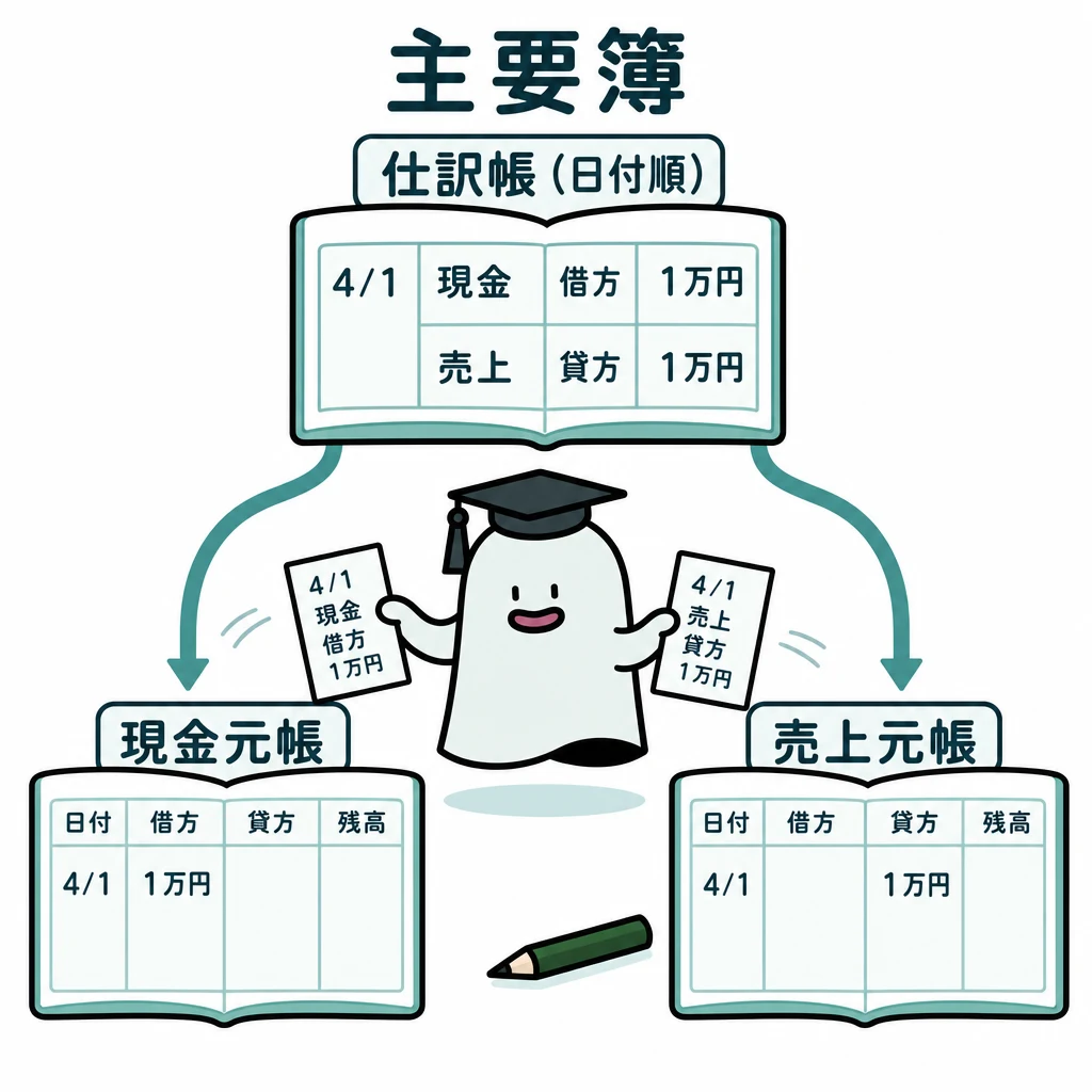 エルくんが説明する図解。日付順の仕訳帳の1取引が現金元帳と売上元帳へ分岐する図。