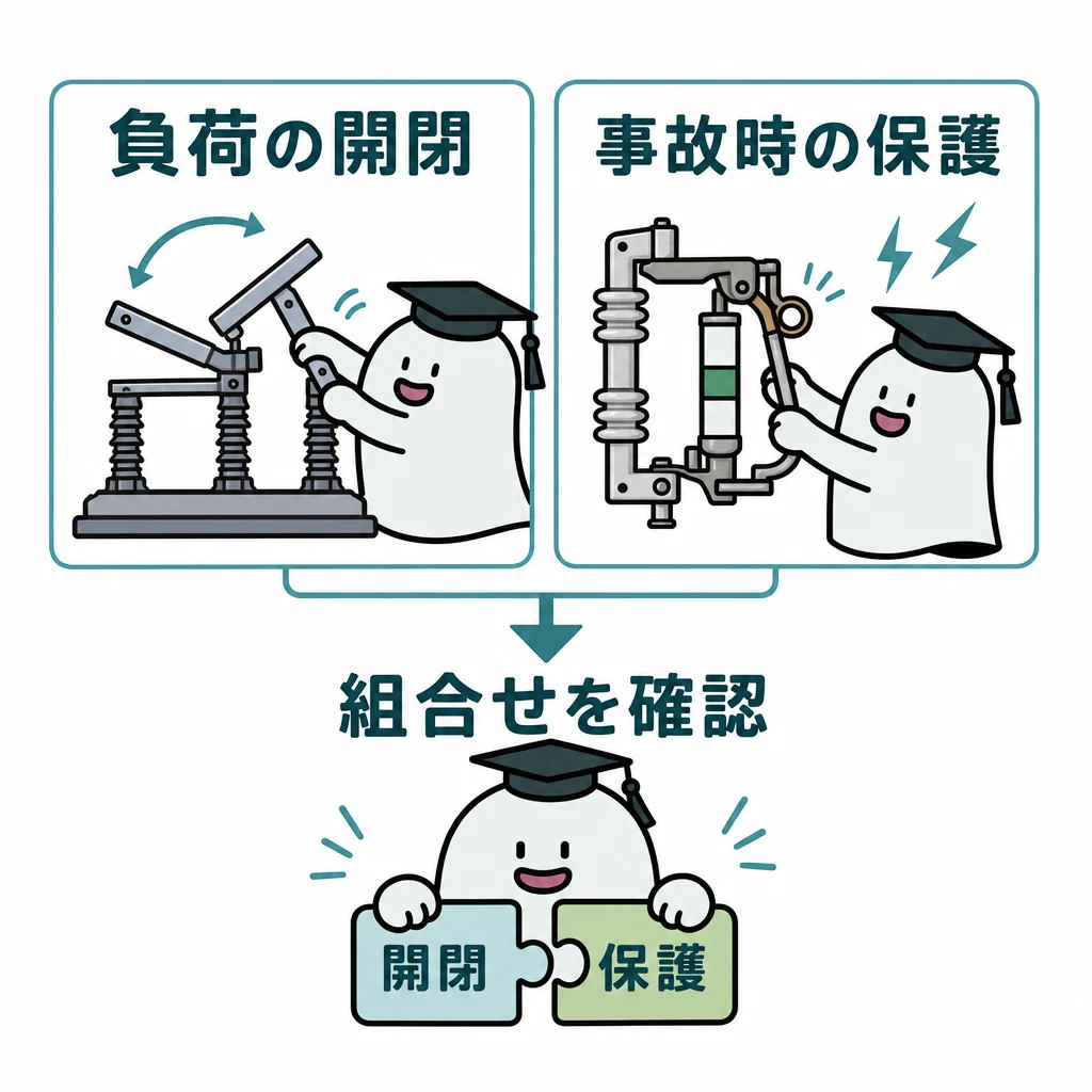 開閉と保護の組合せ。大きな開閉スイッチと別の保護装置を二つの枠で並べる。