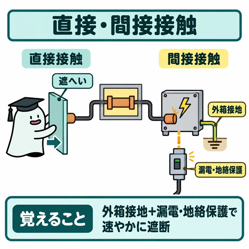 直接・間接接触を分けるの図解。中央の充電部から左右に2本の経路を分ける。左は充電部への直接接触を遮へい板で防ぎ、右は絶縁故障で充電された金属ケースへの間接接触を示し、ケースからの外箱接地と漏電・地絡保護による速やかな遮断を併記する。