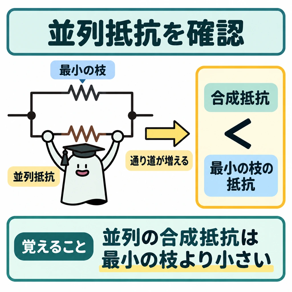 確認の図解。中央に抵抗を含む2本の枝を並列に描き、右側に「合成抵抗<最小の枝の抵抗」を大きく配置する。枝から比較へ矢印を向け、通り道が増えた結果として大小を確かめられる構図にする。