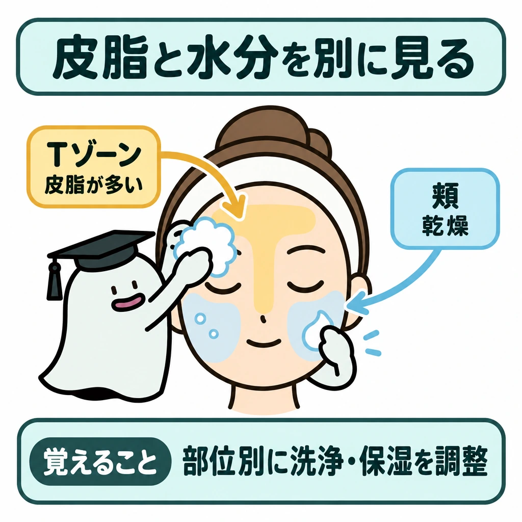 水分・皮脂・色・炎症を別に見るの図解。中央に一つの顔を大きく描き、Tゾーンの皮脂っぽい部分と乾いた頬を色で分ける。左右からそれぞれの部位へ矢印を引き、洗浄と保湿を部位別に調整する関係を示す。