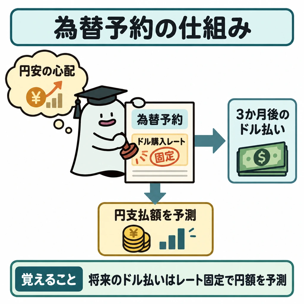 基本の仕組みの図解。中央の為替予約票から右の「3か月後のドル払い」へ矢印を伸ばし、予約票の「ドル購入レート固定」から下の「円支払額を予測」へ矢印をつなぐ。左上に「円安の心配」を置き、予約する理由を示す。
