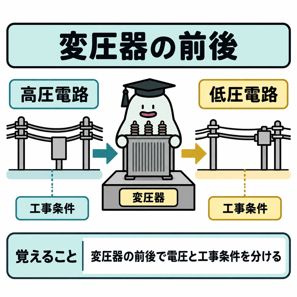 基本の仕組みの図解。左の高圧電路から中央の変圧器へ、さらに右の低圧電路へ矢印をつなぐ。変圧器の位置に縦の仕切りを置き、前後で電路と工事条件を分ける。