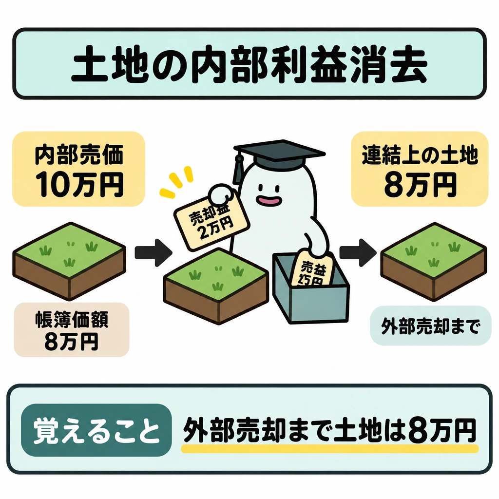 商品・土地と翌期の扱いの図解。中央に土地を一つ描き、左の「内部売価10万円」から右の「連結上の土地8万円」へ矢印でつなぐ。矢印の途中で売却益2万円を取り除く様子を示し、外部売却までは右の金額を保つ。