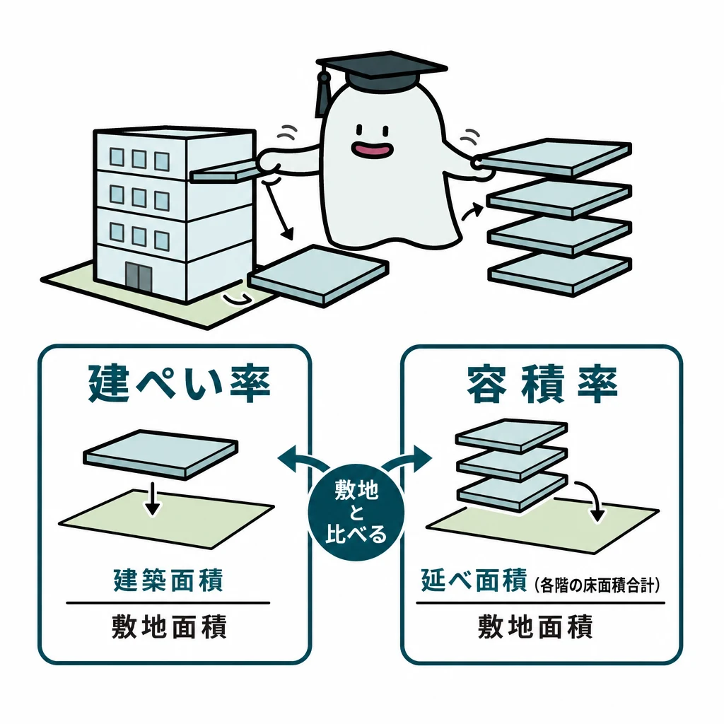 建ぺい率は建築面積、容積率は各階の床面積合計を敷地と比べる図