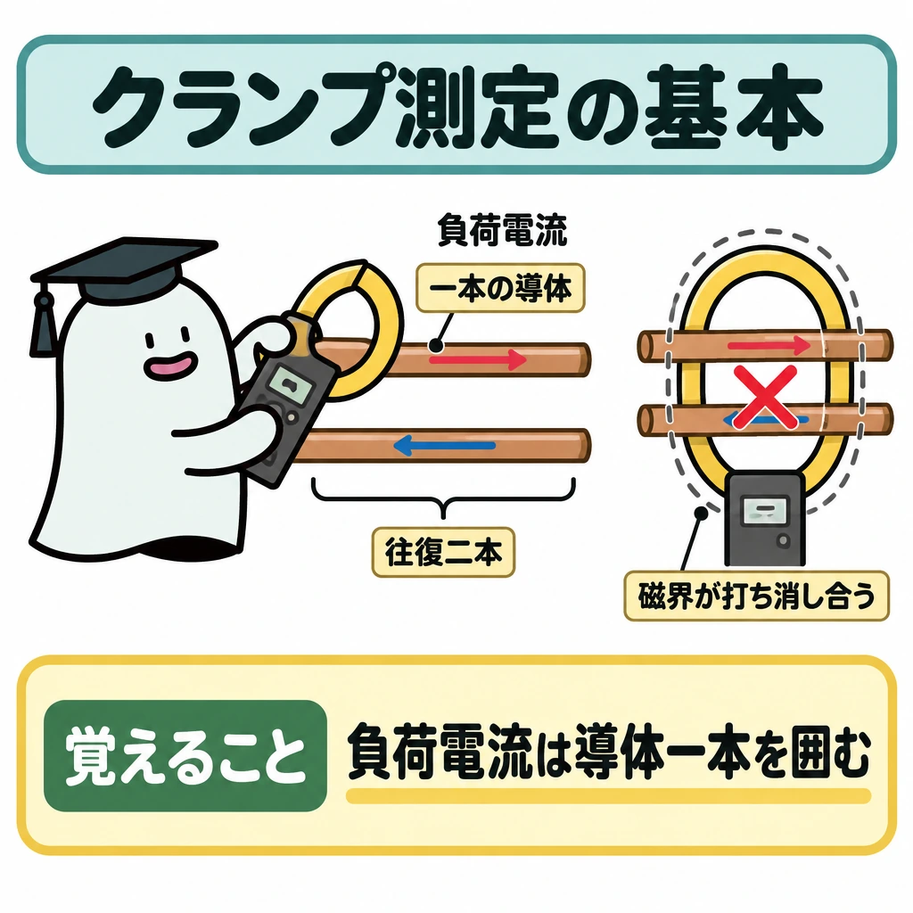 基本の仕組みの図解。中央に往復二本の導体を上下に並べ、上の一本だけをクランプで囲み、下の一本は外に出す。同じ図の右側に、二本をまとめて囲む範囲を破線で示し、磁界が打ち消し合うことを×印で示す。
