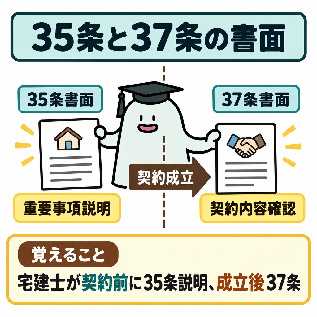 宅建業法の書面・媒介と四つの公的価格の図解。左から右へ「35条書面→契約成立→37条書面」の順に並べ、契約成立の位置に縦の仕切りを置く。左は宅地建物取引士による重要事項説明、右は成立後の契約内容確認として描く。