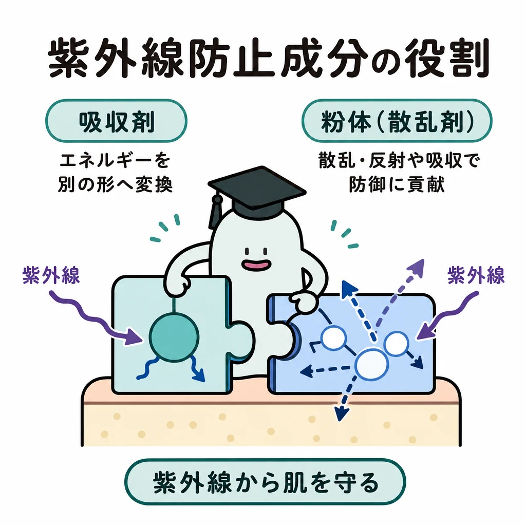 エルくんが説明する図解。吸収剤のエネルギー変換と粉体の散乱反射/吸収を対比、純反射にしない。