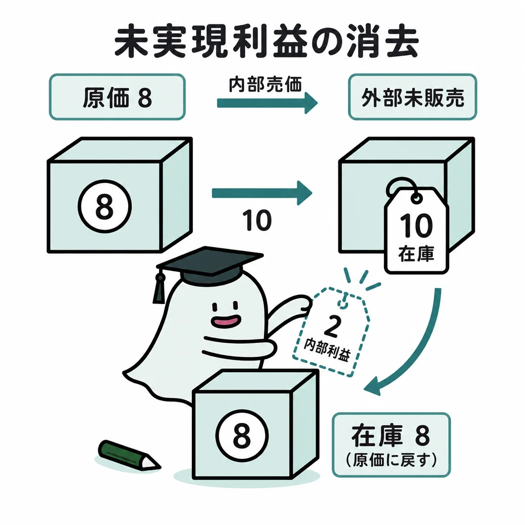 エルくんが説明する図解。原価8→内部売価10→外部未販売、差2を消して在庫8へ戻す。