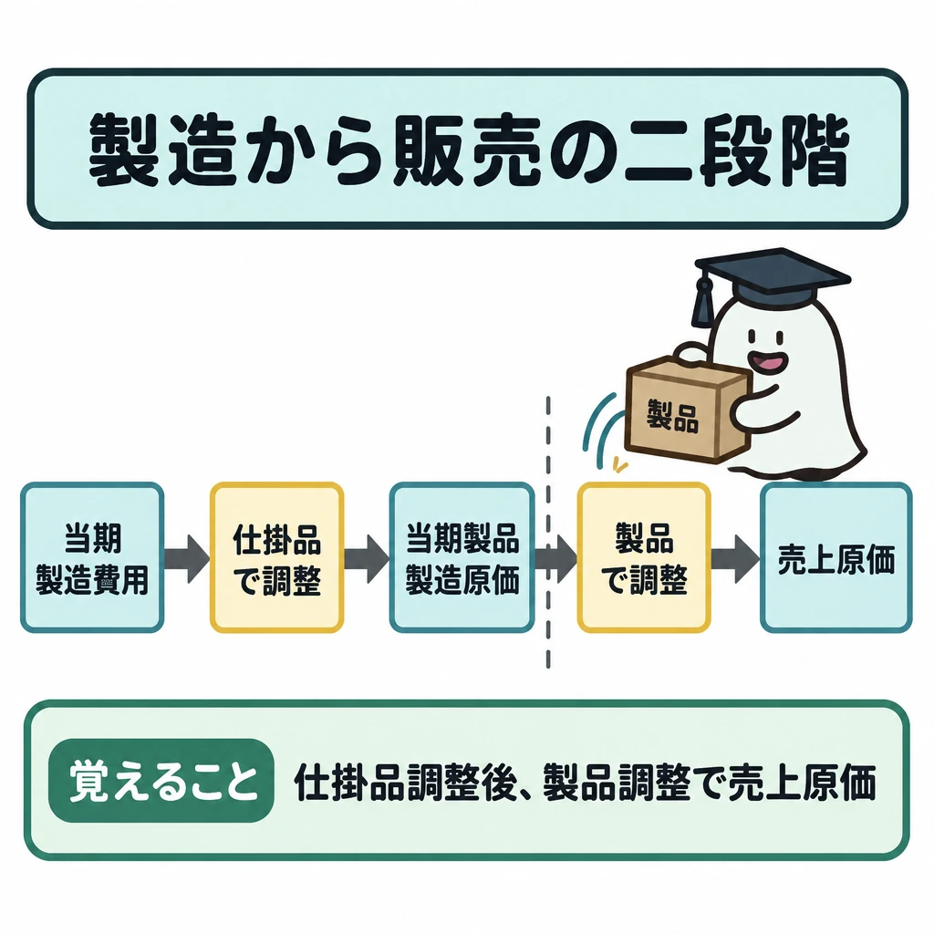 製造から販売までの二段階の図解。正方形の中央に、左から「当期製造費用」→「仕掛品で調整」→「当期製品製造原価」→「製品で調整」→「売上原価」を一本の矢印で並べる。二つの調整部分を枠で囲み、製造段階と販売段階の境目を当期製品製造原価の右に縦線で示す。