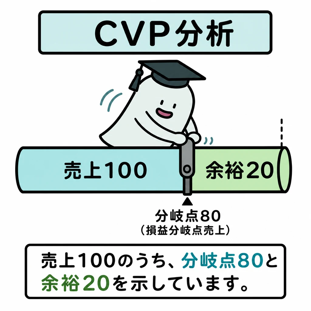 エルくんが説明する図解。売上100のうち分岐点80と余裕20を帯で表示。