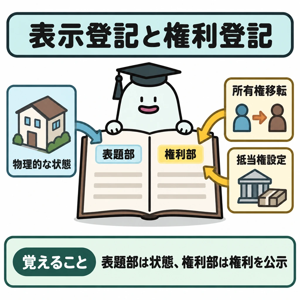 表示登記・権利登記と効力の図解。中央に開いた一冊の登記簿を置き、太い縦線で左の表題部と右の権利部を分ける。左は建物の図から「物理的な状態」へ、右は「所有権移転」「抵当権設定」から権利部へ矢印を向け、それぞれが公示する内容を対比する。