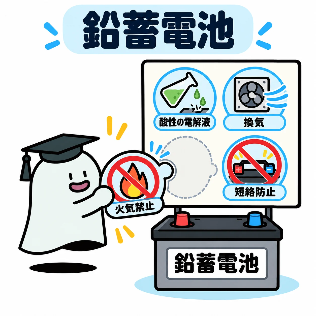 エルくんが鉛蓄電池の抽象安全ボードに酸・換気・火気禁止・短絡禁止の記号を正しく組み込む図。