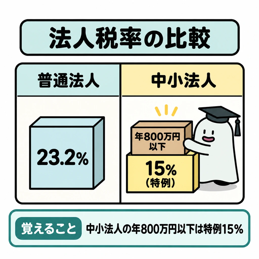法人税の主な数値の図解。正方形の図を縦線で左右に分け、左に普通法人「23.2%」、右に中小法人を配置する。右側では所得の「年800万円以下」の部分だけを「15%(特例)」の枠に入れ、軽減税率が適用される範囲を示す。
