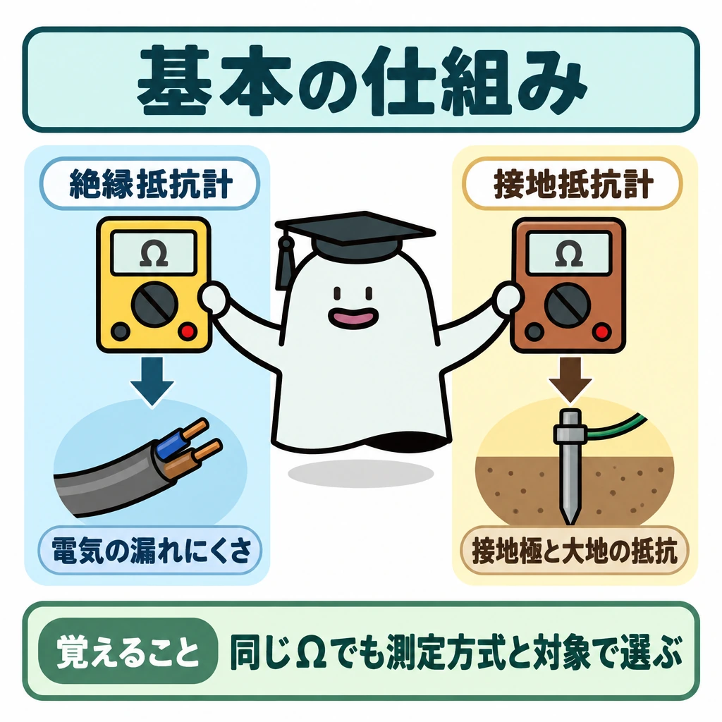基本の仕組みの図解。中央のエルくんを挟んで左右に仕切り、左は「絶縁抵抗計」から「電気の漏れにくさ」へ、右は「接地抵抗計」から「接地極と大地の抵抗」へ矢印で結ぶ。両計器には同じ「Ω」を表示し、対象の違いを際立たせる。