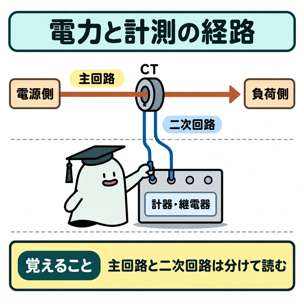 電力の経路と計測の経路の図解。上段に電源側から負荷側へ向かう主回路を左から右の矢印で描き、CTから下段の計器・継電器へ向かう二次回路を枝分かれさせる。上下を点線で仕切り、二次回路が負荷へ続く電力経路に見えないようにする。