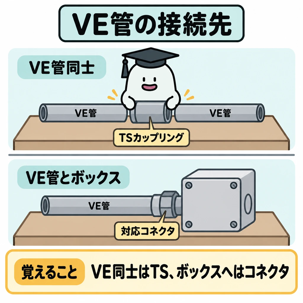 管を何につなぐ部材かの図解。一つの作業台に、上段は「VE管→TSカップリング←VE管」、下段は「VE管→対応コネクタ→ボックス」を配置する。段の間を仕切り、接続先によって使う部材が違うことを示す。