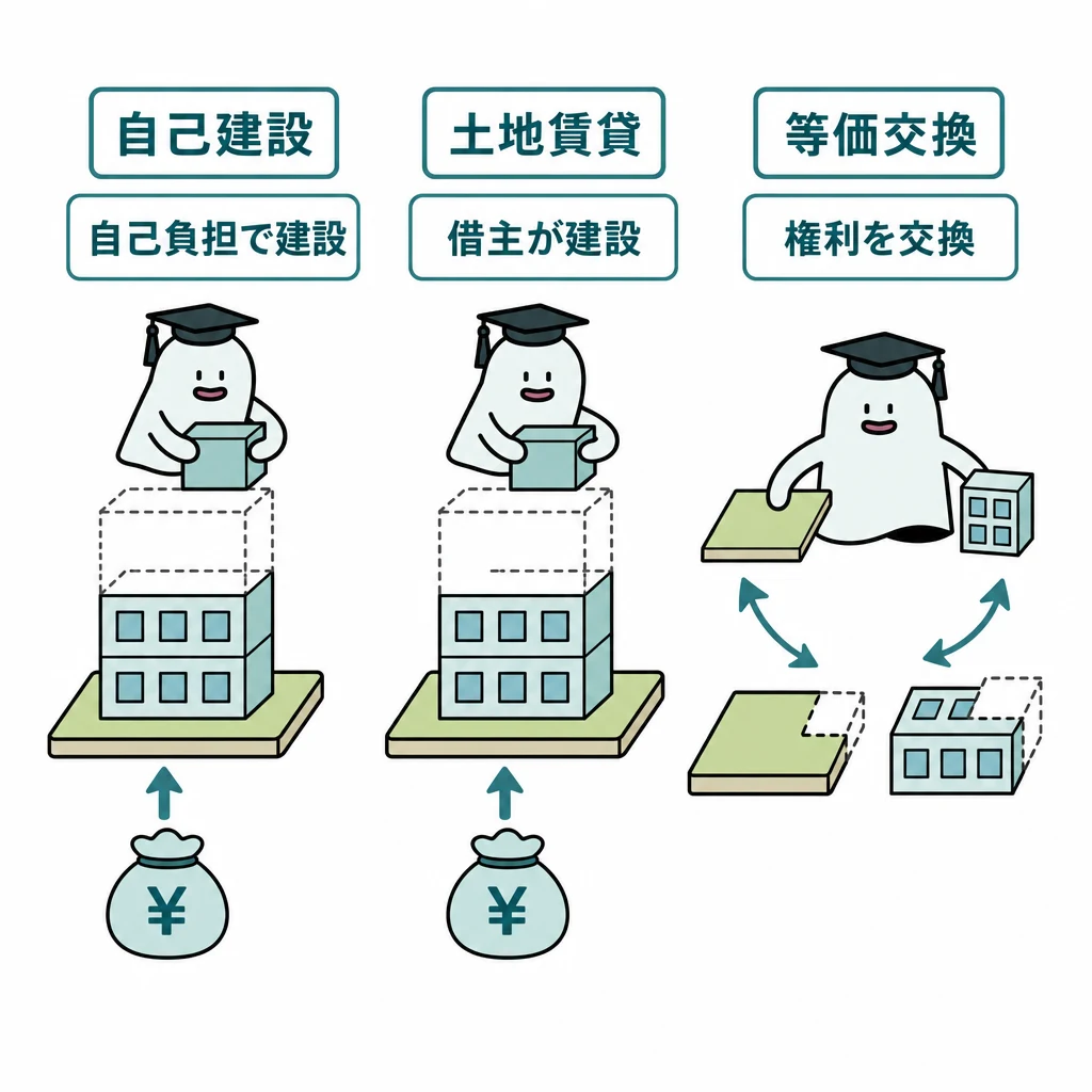 エルくんが建物や権利の部品を扱い、自己建設・土地賃貸・等価交換の仕組みを比較する図。