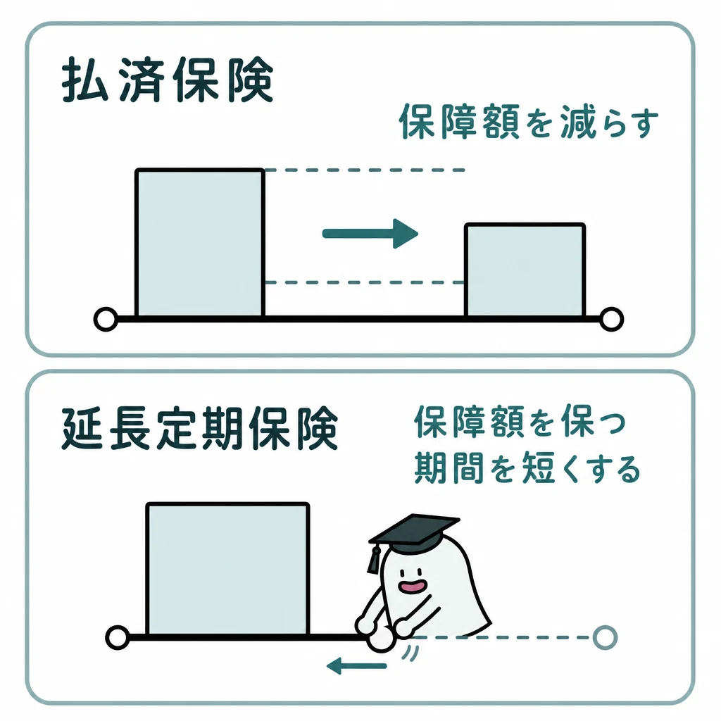 払済保険は保障額の棒を低くし、延長定期保険は保障額を保ちながら期間の端点を手前へ動かす比較図