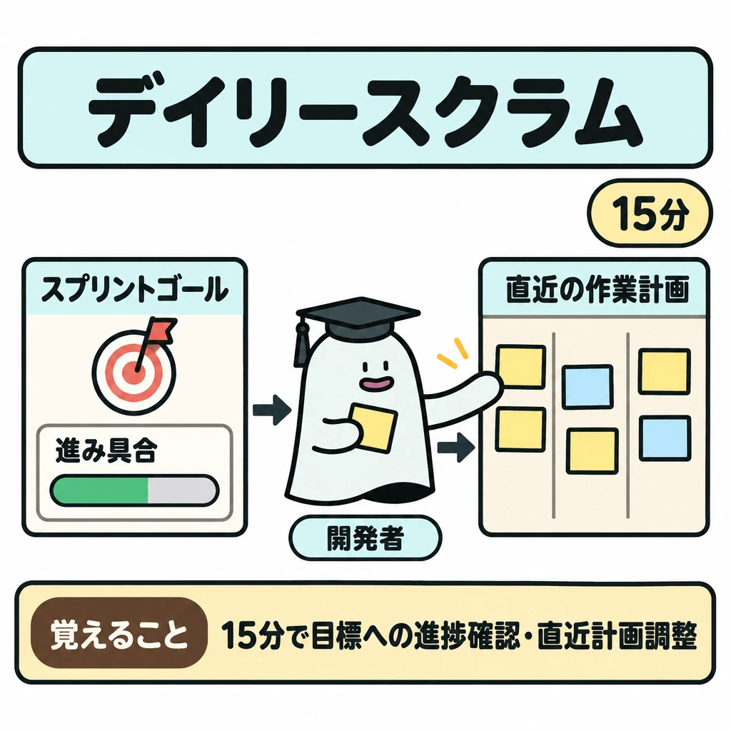スクラムの役割とイベントの図解。左に「スプリントゴール」とその「進み具合」、右に「直近の作業計画」を置き、左から右への矢印で確認から調整への流れを示す。中央にエルくん、右上に「15分」を配置する。