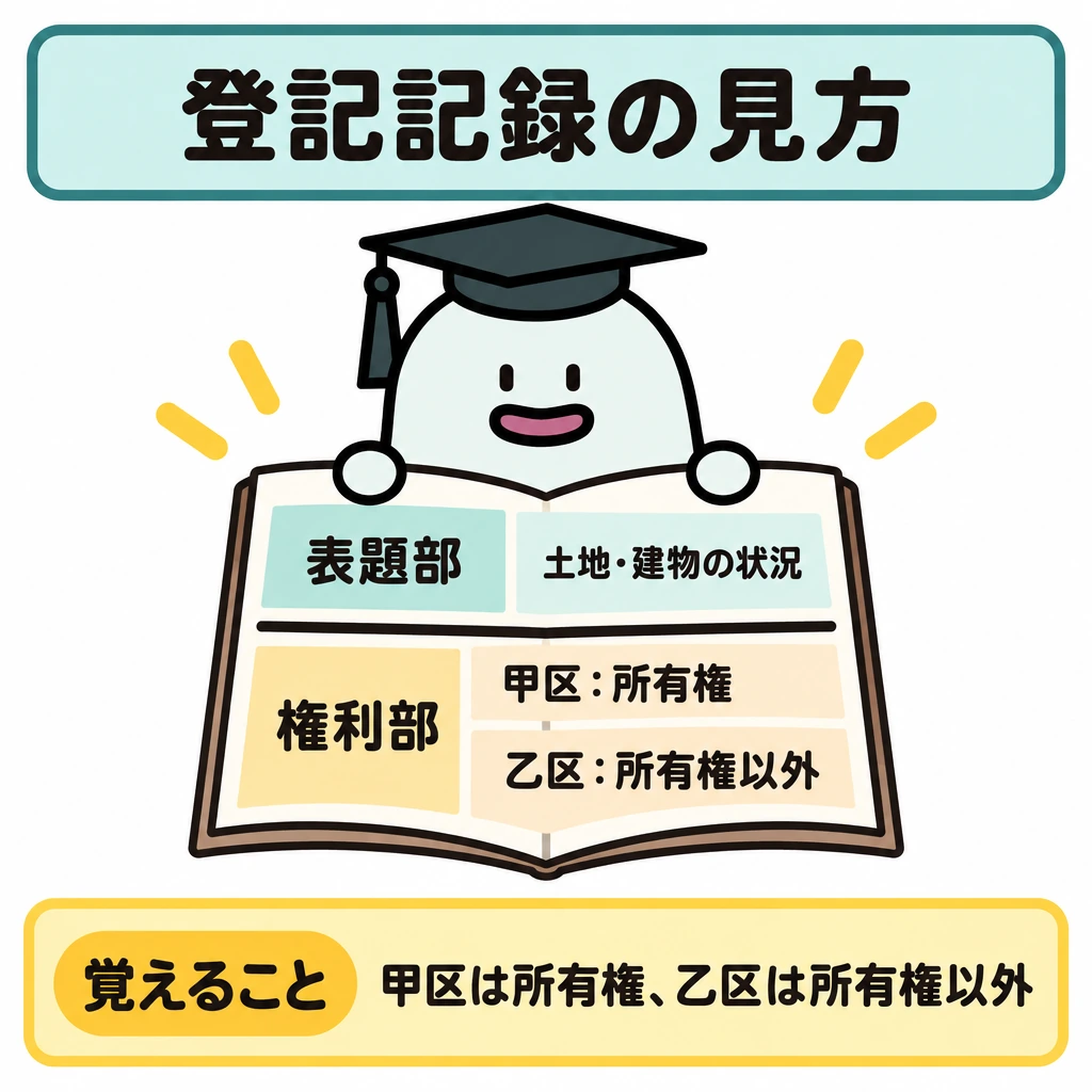 登記と鑑定評価の図解。中央に開いた登記記録を置き、上段を「表題部」、下段を「権利部」として太線で仕切る。権利部はさらに横線で甲区と乙区に分け、それぞれの記録内容を並べる。