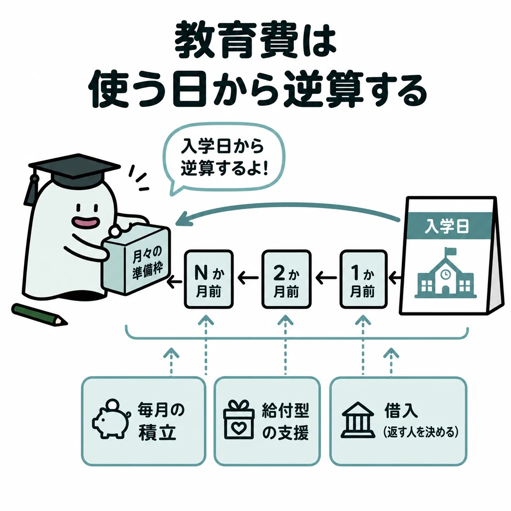 入学の予定日から毎月の積立と給付・借入の役割を逆算する図