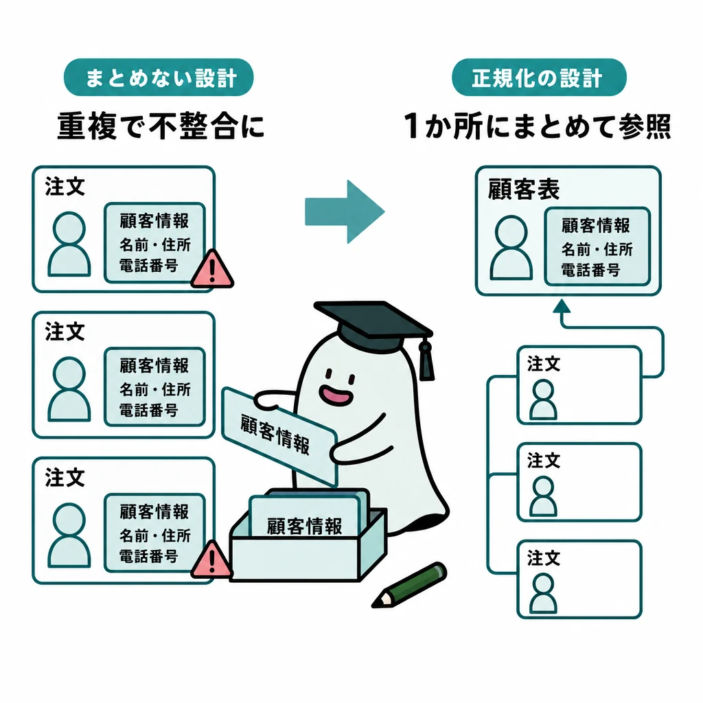 注文ごとに重複した顧客情報を一か所にまとめ、各注文から参照する図。