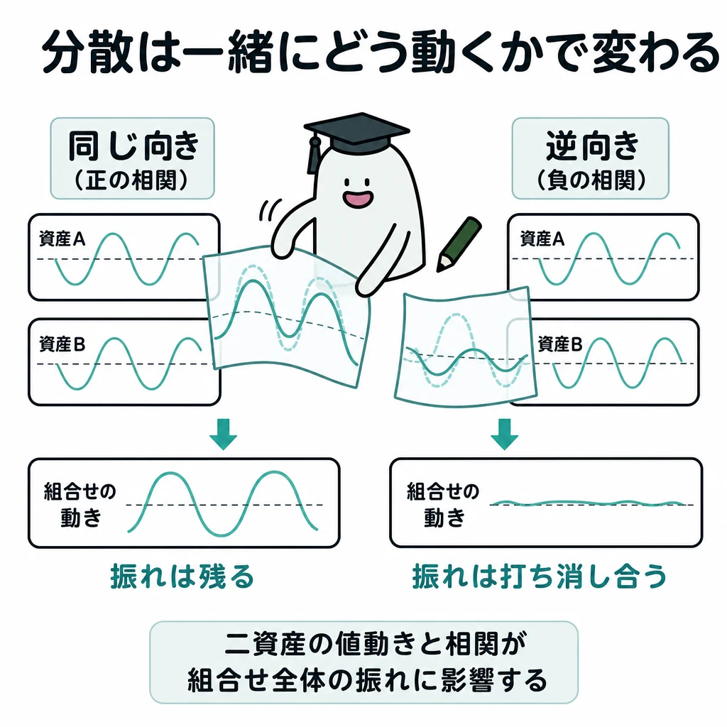 二つの資産が同じ方向に動く場合は変動が残り、逆方向に動く場合は変動を打ち消す相関の比較図