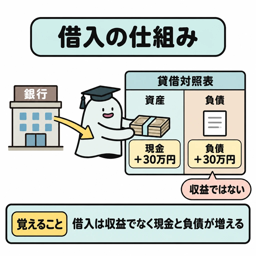 基本の仕組みの図解。中央の貸借対照表を縦線で分け、左に資産の「現金+30万円」、右に「負債+30万円」を同じ高さに置く。銀行から現金へ向かう矢印で借入を示し、負債欄にも同額が増えることを示す。