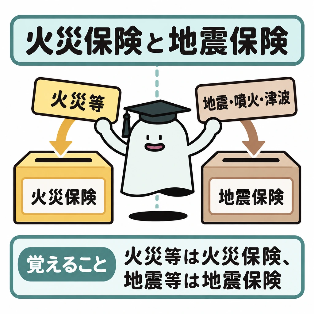 損害の種類と補償範囲の図解。中央で縦に仕切り、左の「火災等」の札を「火災保険」の枠へ、右の「地震・噴火・津波」の札を「地震保険」の枠へ入れる構図。札から各枠へ短い矢印を引き、対象の違いを示す。
