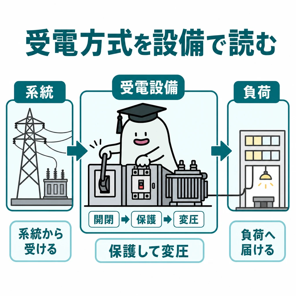 受電方式を設備で読む。外の電力系統→建物の受電設備→負荷の大きな三ブロック。