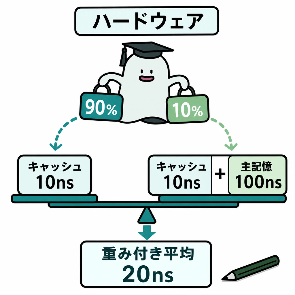 エルくんが説明する図解。90%はキャッシュ10ns、10%はキャッシュ10+主記憶100nsに分岐。