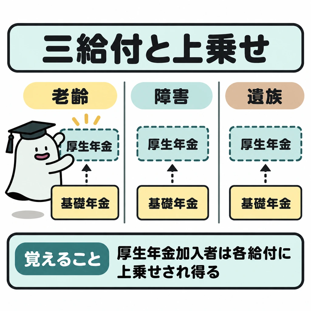 被保険者区分と給付三類型の図解。老齢・障害・遺族を縦線で仕切った3列に並べ、各列の下段に基礎年金、上段に厚生年金の破線枠を置く。下段から上段への点線矢印で、厚生年金加入者には各給付で上乗せがあり得ることを示す。