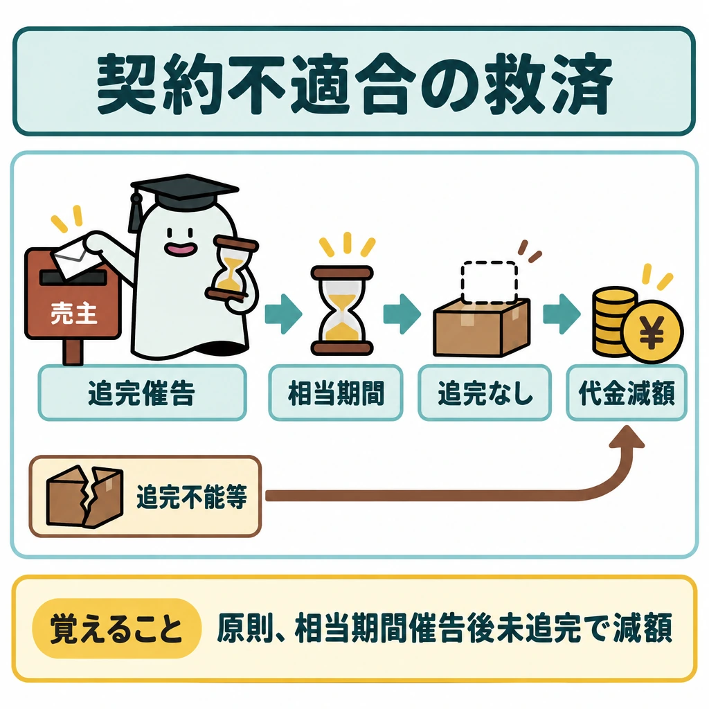 契約不適合ごとの救済の図解。正方形の中央に、左から「追完催告」→「相当期間」→「追完なし」→「代金減額」の主経路を描く。下段には「追完不能等」から「代金減額」へ直接合流する矢印を置き、催告が不要な例外として仕切る。
