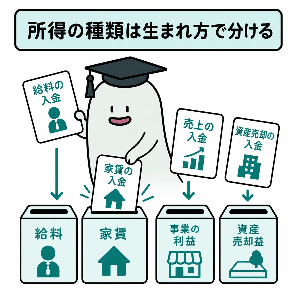 給料、家賃、事業の利益、資産売却益という異なる収入の生まれ方を示す図