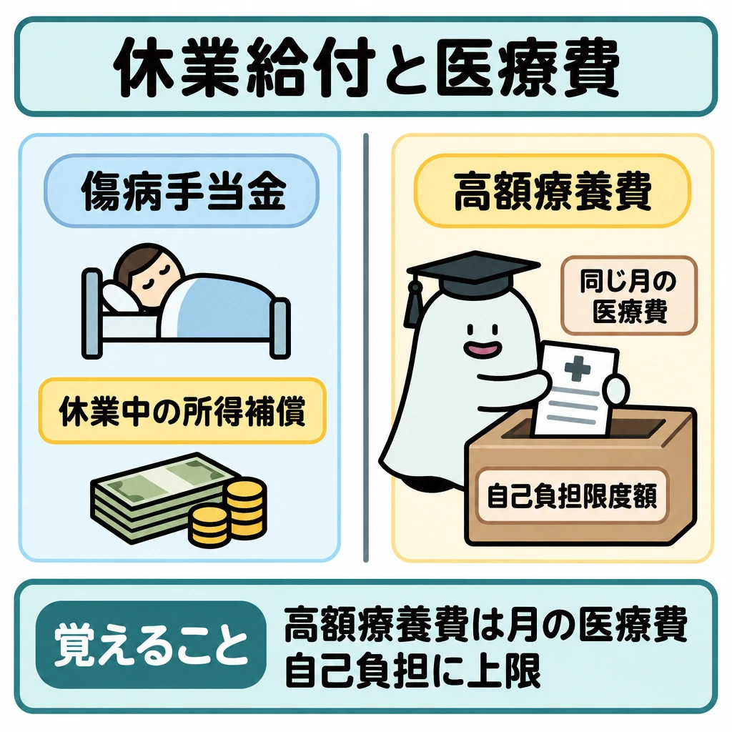 傷病・出産・育児・介護の入口の図解。中央を縦線で仕切り、左に傷病手当金と休業中の所得補償、右に高額療養費と同じ月の医療費の自己負担限度額を配置する。左右を矢印で結ばず、対象が違うことを示す。