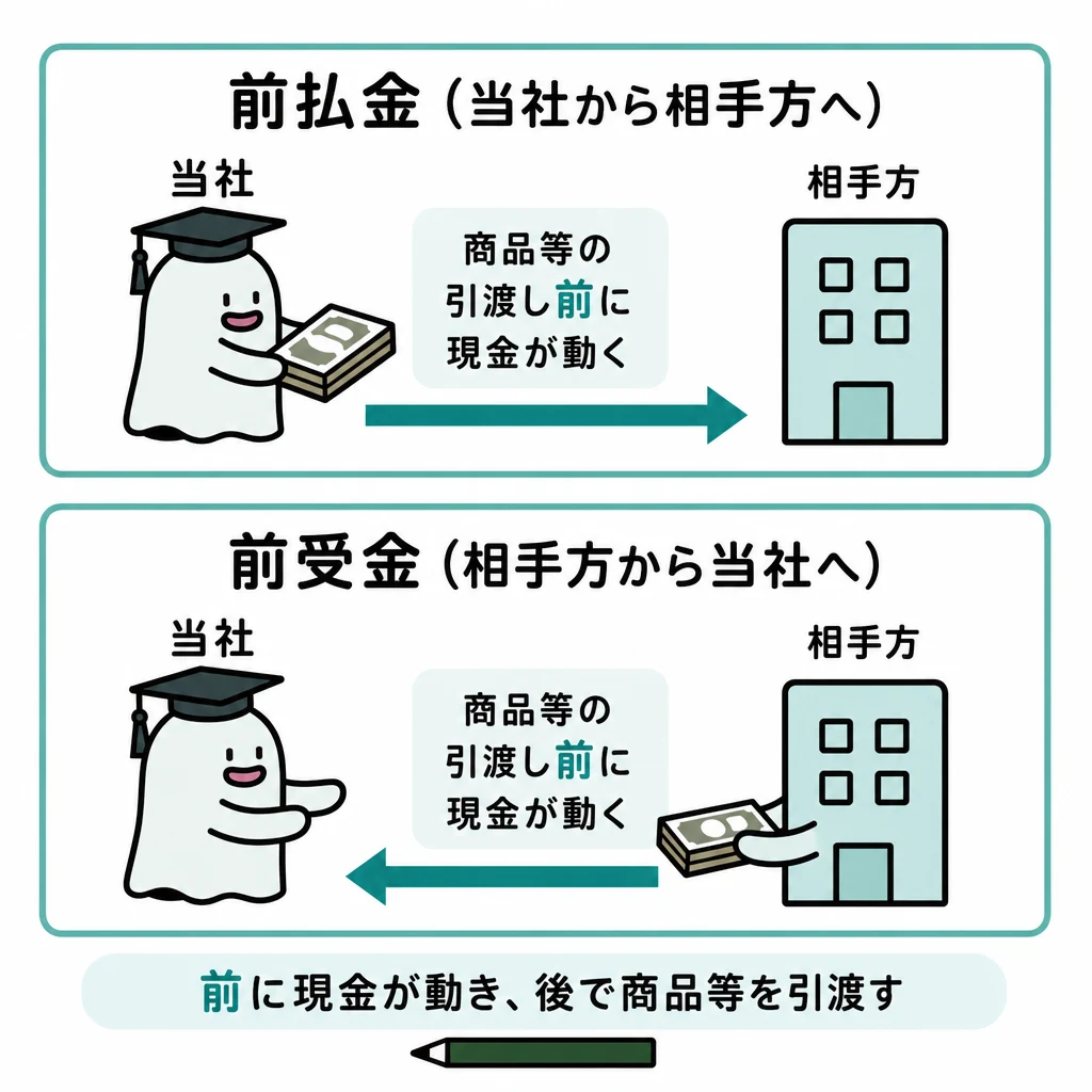 前払金では当社から相手方へ、前受金では相手方から当社へ現金が動く対比図。