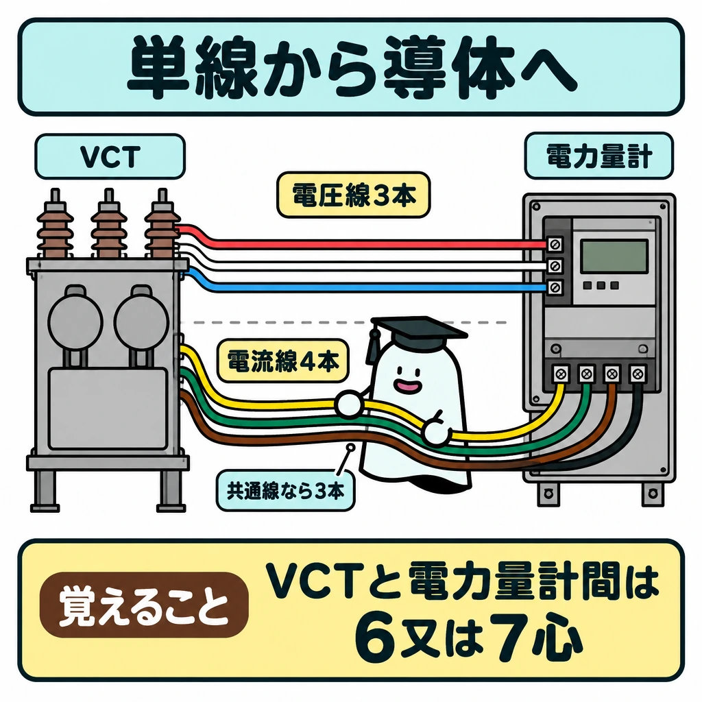 単線から導体・制御線への図解。左にVCT、右に電力量計を置き、間の計量用二次配線を導体ごとに描く。水平の仕切りを挟み、上段にVT側の電圧線3本、下段にCT側の電流線4本を通し、下段の脇に共通線にした場合は3本と注記する。