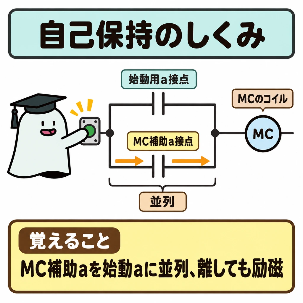 学科の二つの図面と接点の図解。中央に、始動用押しボタンのa接点とMCの補助a接点を上下に並列配置し、合流した先にMCのコイルを描く。補助a接点を通る経路を矢印で強調し、ボタンを離してもMCの励磁が続くことを示す。