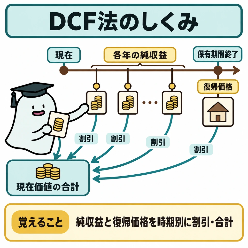 DCF法とレバレッジの図解。上段に左の「現在」から右の「保有期間終了」へ進む時間軸を置く。途中の各年の純収益と終点の復帰価格から、発生時期に応じた割引矢印を左下の現在価値の箱へ伸ばし、箱内で合計する。