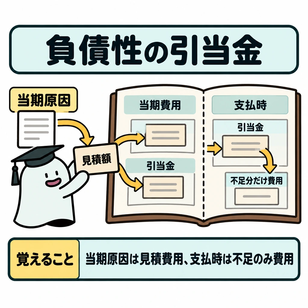 負債性の引当金の図解。中央に1冊の帳簿を大きく描き、左の「当期原因」から見積額を「当期費用」と「引当金」に記録する矢印を引く。帳簿内の右側を縦線で「支払時」と仕切り、引当金を取り崩す矢印と、不足分だけを費用にする枝分かれを示す。