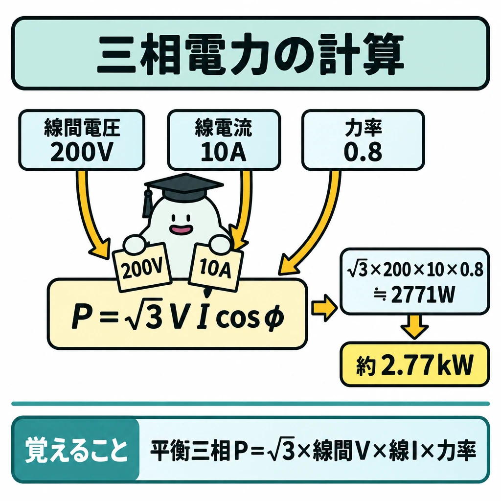 基本の仕組みの図解。左の線間電圧200V・線電流10Aと上の力率0.8から、中央の式「P=√3VIcosφ」へ矢印を向ける。式の右に「√3×200×10×0.8≒2771W」から「約2.77kW」への矢印を置き、下部の「覚えること」は仕切り線で分ける。